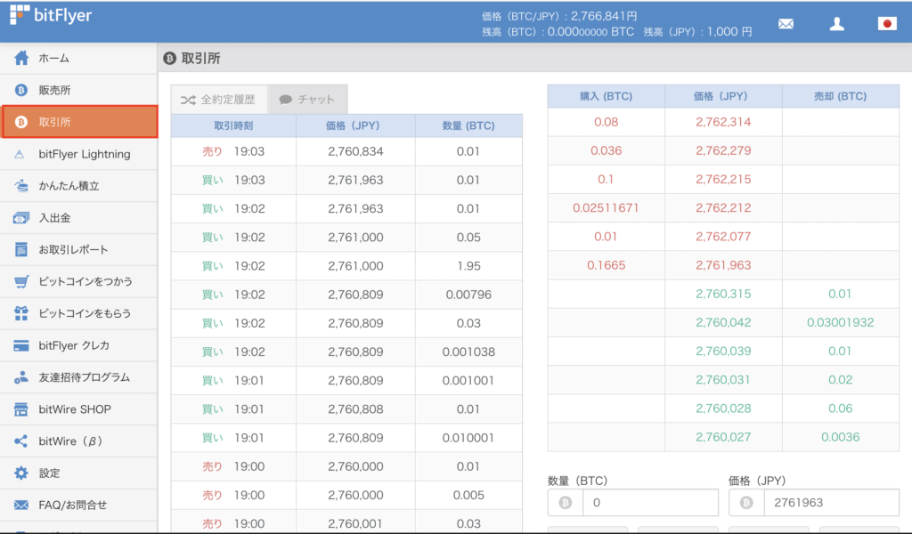 bitFlyer 取引所での買い方 メニューバーから取引所のタブを選択